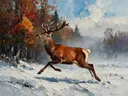 Hert in diep beweging in de sneeuw, schilderij van hert