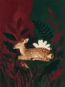 Hert in diep bordeaux en bosgroen, schilderij van hert