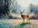 Hert in diep het landschap in een bloementuin, schilderij van hert