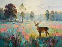 Hert in diep het landschap tussen de grassen, schilderij van hert
