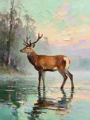Hert in diep pose aan het water, schilderij van hert