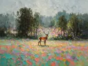 Hert in donker het landschap in een bloementuin, schilderij van hert