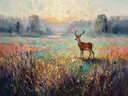 Hert in donker het landschap tussen de grassen, schilderij van hert