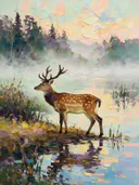Hert in donker pose aan het water, schilderij van hert