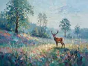 Hert in het landschap tussen de grassen, schilderij van hert