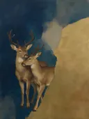 Schilderij van hert in nachtblauw en goud, in vlakke kleurvlakken