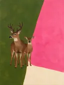 Schilderij van hert in olijf en roze, in vlakke kleurvlakken