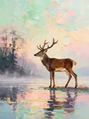 Hert in pose aan het water, schilderij van hert