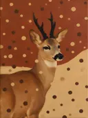 Schilderij van hert in terracotta en zand, in vlakke kleurvlakken