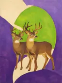 Schilderij van hert in violet en limoen, in vlakke kleurvlakken