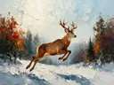 Hert in warm beweging in de sneeuw, schilderij van hert