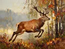 Hert in warm beweging tussen de bomen, schilderij van hert