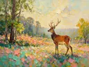 Hert in warm het landschap in een bloementuin, schilderij van hert