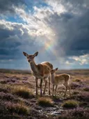Hert met jong, een wilde heide, een fris moment na de regen