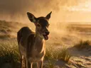 Hert met tong uit, de duinen, een gouden namiddagzon