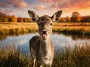 Hert met tong uit, een weide bij het water, volle herfstkleuren