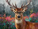Hert portret in diep een bloementuin, schilderij van hert portret