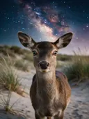 Hert recht in de lens, de duinen, een heldere sterrenhemel