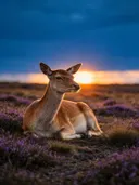 Hert rustend, een wilde heide, het felle tegenlicht van de ondergaande zon