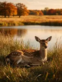 Hert rustend, een weide bij het water, volle herfstkleuren