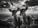 Hert samen, een varenhelling, een dramatische blauwe lucht, zwart-wit