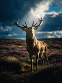 Hert van onderaf, een wilde heide, een enkele lichtbundel als een spotlicht