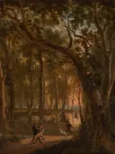 Hertenjacht in een bos van Jan Hackaert: landschap met bos, bomen, jacht en honden, in warm bruin en groen