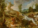 Hertenjacht van Mogelijk Jan Wildens / Paul de Vos: dieren met hert, honden, jacht en bomen, in warm bruin met groen