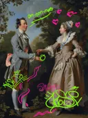 Graffiti-kunstwerk 'Het Aanzoek Graffiti Editie', klassiek portret met street-art overspoten