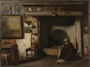Het atelier van de Haarlemse schilder Pieter Frederik van Os van Anton Mauve: interieur met atelier, schilderijen, haard en kunstenaar, in warm donkerbruin