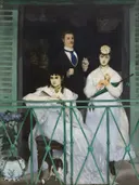 Het balkon van Edouard Manet: figuren met balkon, vrouwen, man en groen hek, in groen en wit