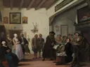 Het Beslikte Zwaentje of de Rechtbank te Puyterveen van Cornelis Troost: interieur met zaal, mensen, tafel en schilderijen, in licht grijs met rood