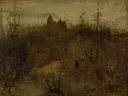 Het betoverde kasteel van Matthijs Maris: landschap met bomen, mist, kasteel en takken, in gedempt bruin en grijs