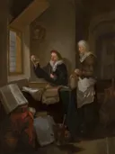 Het bezoek aan de dokter van Hendrik Heerschop: interieur met dokter, kamer, boeken en oude vrouw, in warm bruin