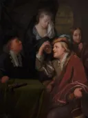Het bezoek van de dokter van Godfried Schalcken: interieur met dokter, vrouw, kamer en kaarslicht, in donker met rood