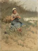 Het breistertje van Bernardus Johannes Blommers: figuren met meisje, breien, duinen en gras, in zacht zandgeel en groen
