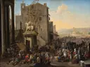 Het Campo Vaccino te Rome van Johannes Lingelbach: stad met Rome, ruïnes, zuilen en markt, in warm oker en grijs