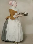 Het chocolademeisje van Jean Etienne Liotard: portret met dienstmeisje, dienblad, chocolade en schort, in zacht wit en oker
