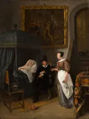 Het doktersbezoek van Jan Steen: figuren met dokter, vrouw, bed en kamer, in warm bruin en wit