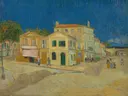 Het gele huis van Vincent van Gogh: stad met geel huis, straat, stad en blauwe lucht, in fel geel en diepblauw