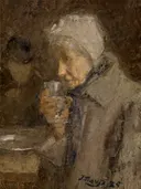 Het goede glas van Jan Toorop: portret met oude vrouw, glas, muts en tafel, in warm bruin