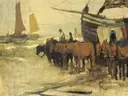 Het in zee brengen van een visserspink van Anton Mauve: zee met strand, vissersboot, paarden en zee, in gedempt geelgrijs
