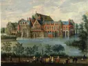 Het kasteel van Tervuren met de aartshertogen Albrecht en Isabella van Jan Brueghel the Elder: landschap met kasteel, water, bomen en vijver, in groen en lichtblauw