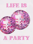 Roze typografie schilderij met discoballen en tekst over feestvieren