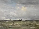 Het lichten van het anker van Hendrik Willem Mesdag: zee met zee, schepen, anker en wolken, in gedempt grijsblauw