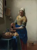 Het melkmeisje van Johannes Vermeer: figuren met vrouw, melk, brood en keuken, in geel en blauw