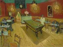 Het nachtcafé van Vincent van Gogh: interieur met cafe, biljart, lampen en stoelen, in fel rood en groen