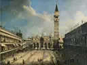 Het San Marcoplein in Venetië van Canaletto: stad met rivier