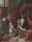 Het Sint Nicolaasfeest van Jan Steen: figuren met kinderen, sinterklaas, cadeaus en feest, in warm rood en bruin
