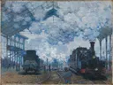 Het station Saint Lazare van Claude Monet: stad met station, trein, stoom en perron, in blauwgrijs met wit